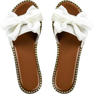 Women's WhitecBrown Bow Knot Open Toe Slip On Slides Flat Slippers Sandals